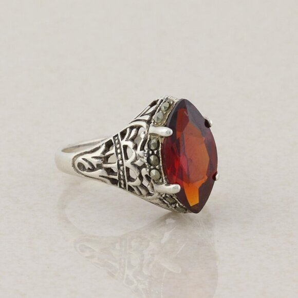 Jewelry - Sterling Silver Red Cubic Zirconia and Marcasite Ring Size 6 3/4